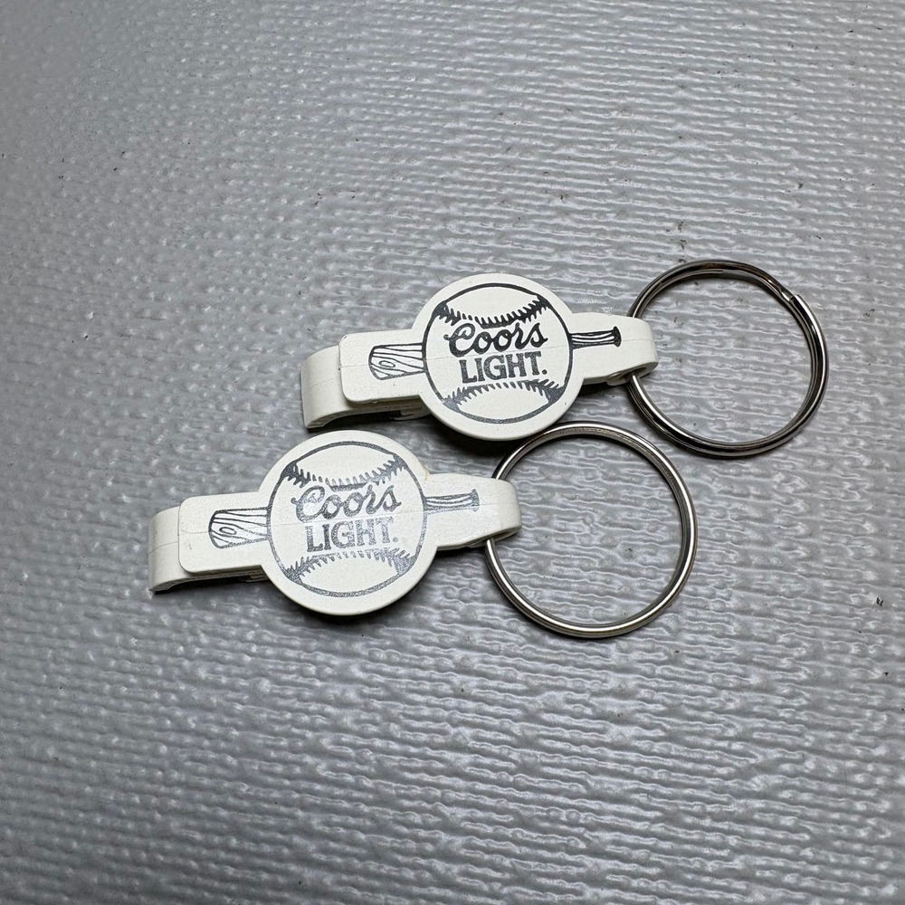 Lot of 2 Coors Light Baseball Bat Bottle Opener Keychains White Vintage Promo